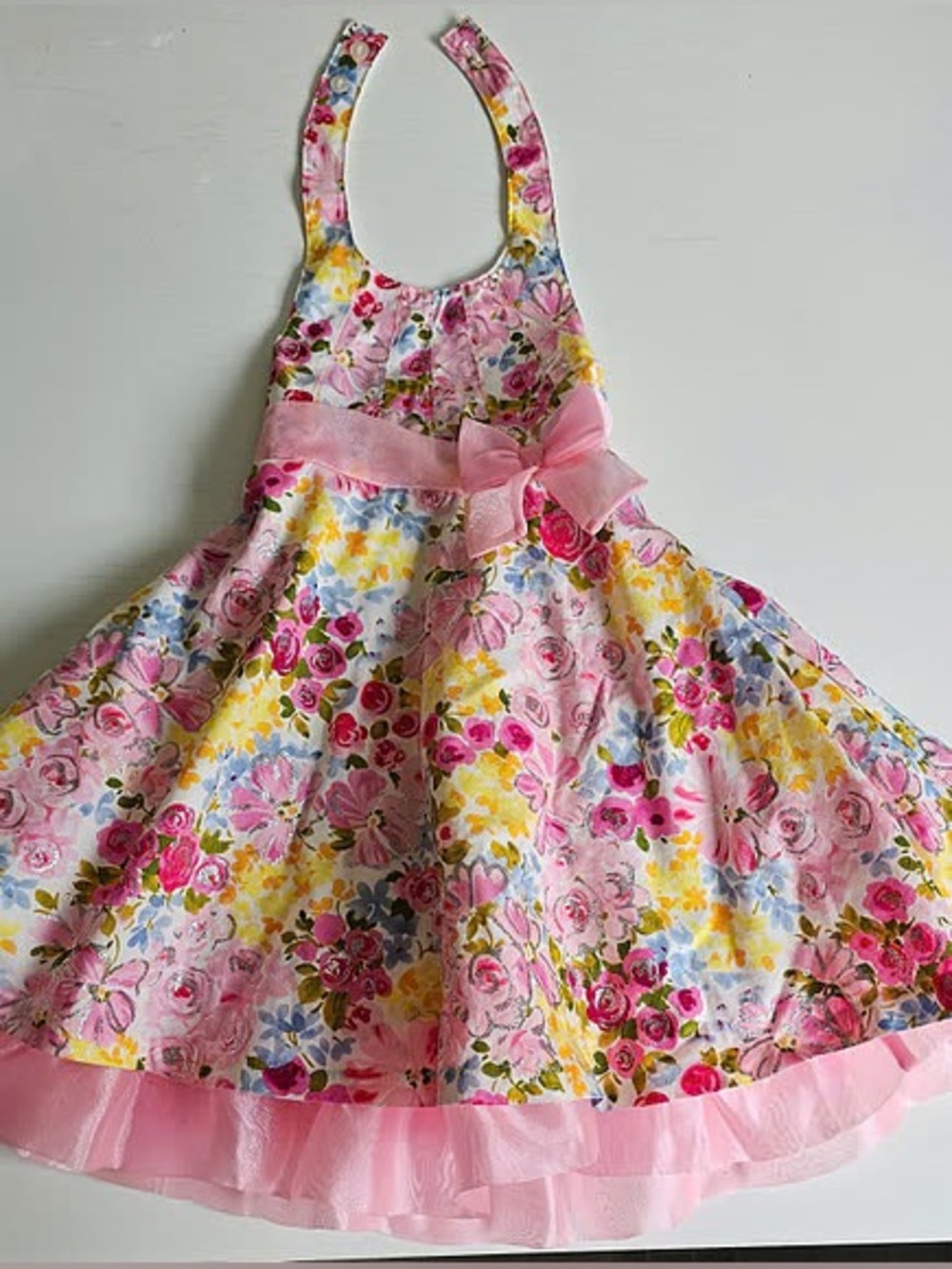 Jessica Ann 2T  PINK FLOWERS Halter Top Dress Bows Ruffles.